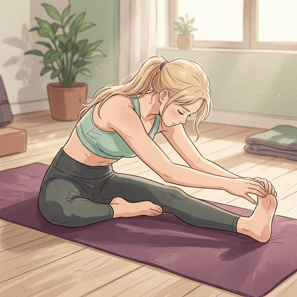 Woman stretching forward on yoga mat in bright room