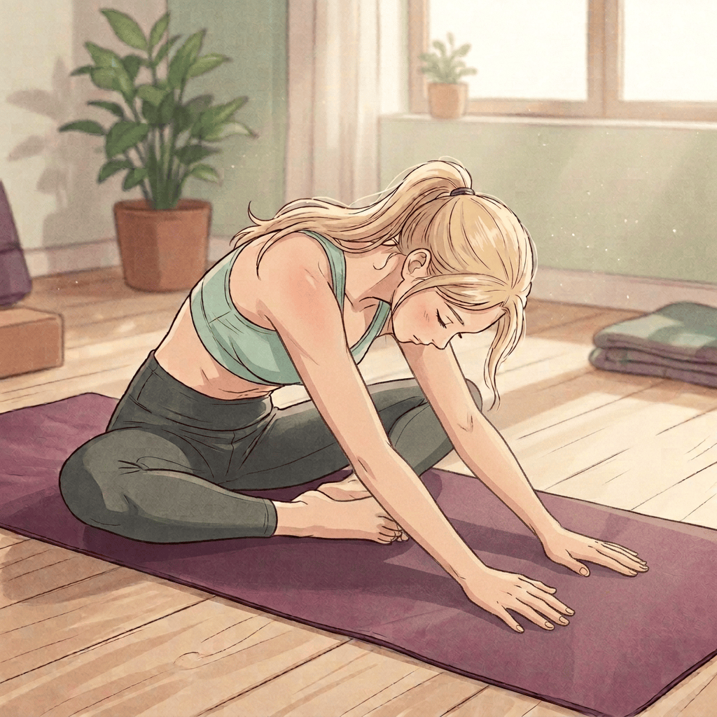 Woman in sportswear sitting on a yoga mat stretching forward with feet together