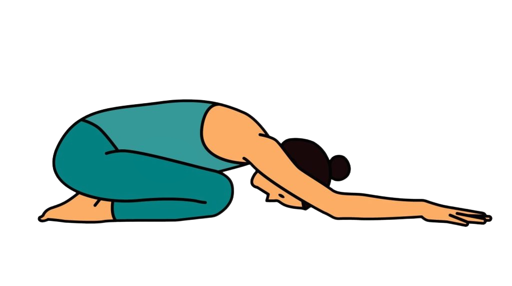Yin yoga Child's pose (Balasana). Woman kneeling on the floor, torso folded forward, arms extended or resting alongside the body, forehead resting on the mat. Pure snow-white background, clean and minimal. Same soft illustration style as the existing image on the page.