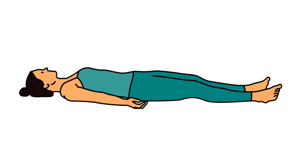 The exact same Savasana yoga pose illustration — woman lying flat on her back, arms slightly away from body, palms facing up, legs relaxed. Pure snow-white background #FFFFFF. Keep the same illustration style and figure.