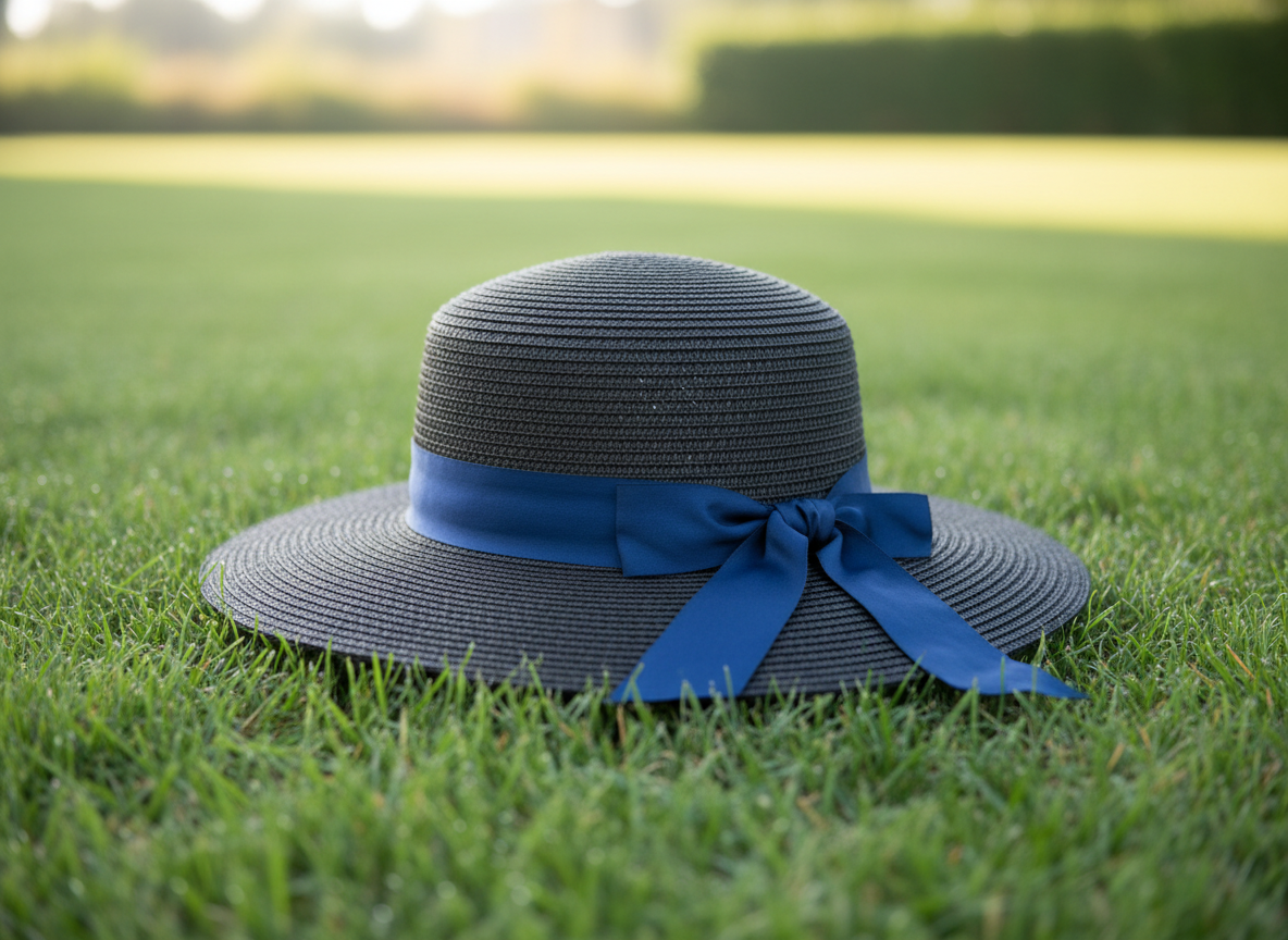 A black sun hat with a blue ribbon/band, lying on green summer grass, natural daylight, similar style to a stock photo